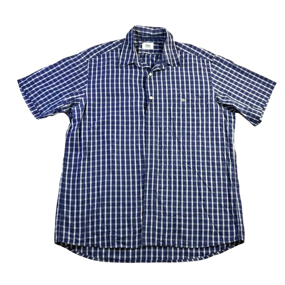 Lacoste Mens Blue White Grid Check Short Sleeve Button Down Shirt Size 42